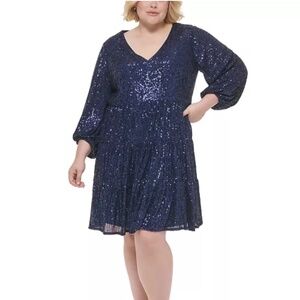 Eliza J Sequined Tiered Dress Blue 3/4 Sleeve Knee Length Plus Size 22W